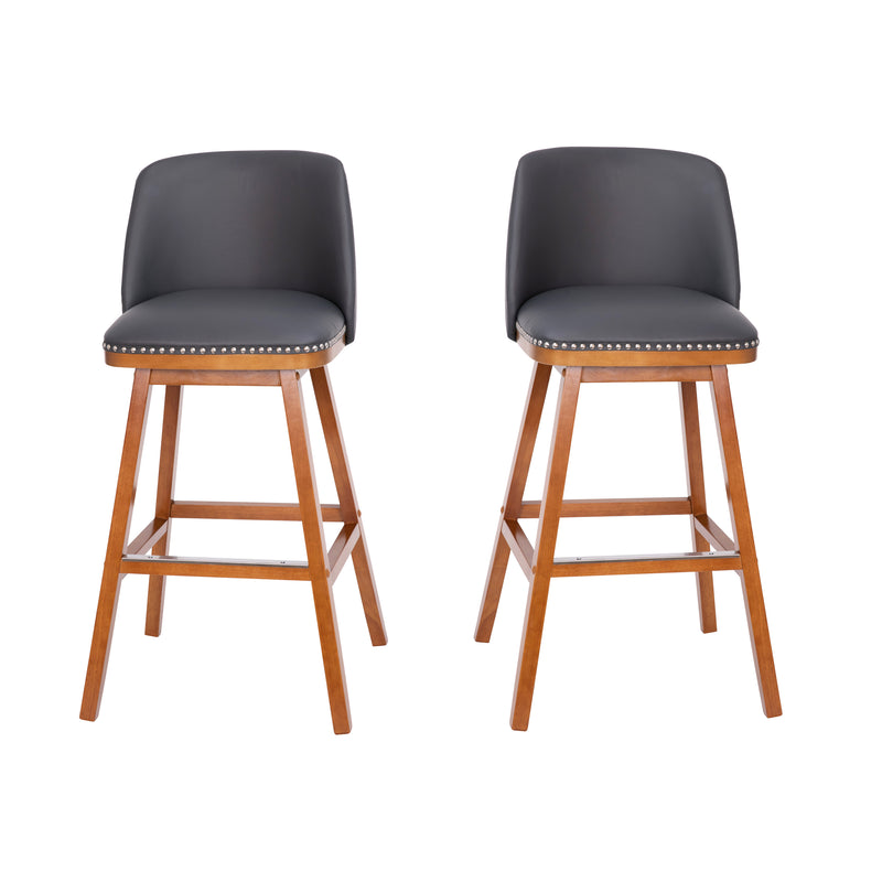 Nina Transitional Upholstered Bar Stools with Nailhead Trim and Wood Grain Finish, Set of 2