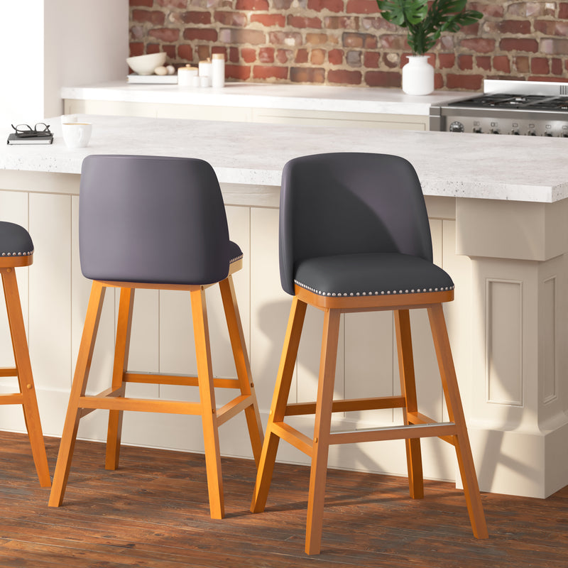 Nina Transitional Upholstered Bar Stools with Nailhead Trim and Wood Grain Finish, Set of 2