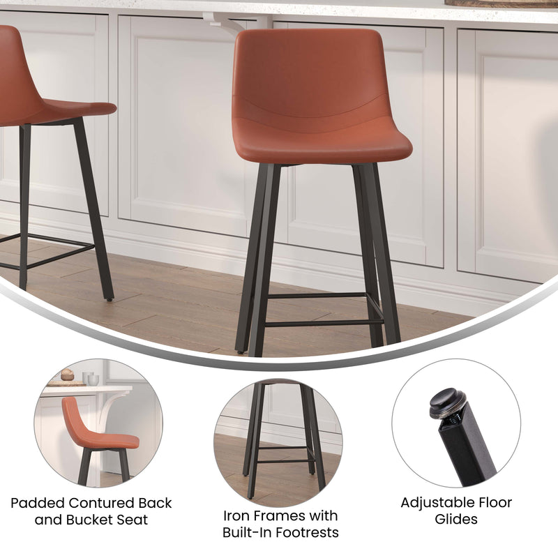 Brandy Modern Upholstered Bucket Seat Counter Stools with Metal Frames, Set of 2