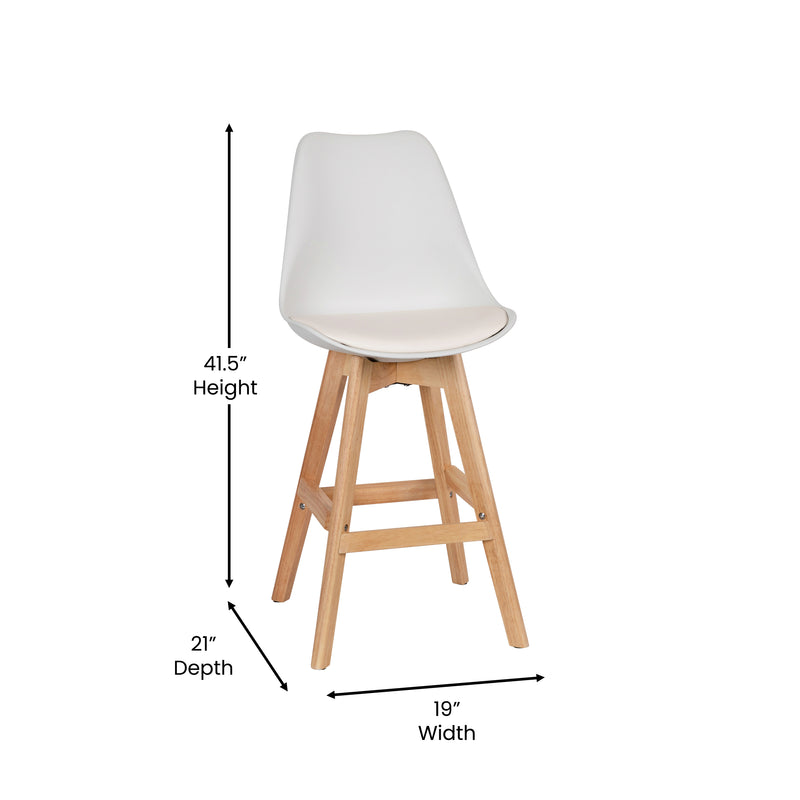 Thura Set of 2 Modern Plastic Scoop Style Counter Stools with Padded Seat Cushion and Wooden Frame