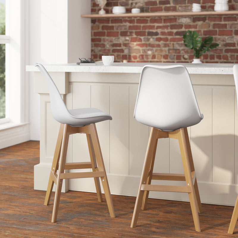 Thura Set of 2 Modern Plastic Scoop Style Counter Stools with Padded Seat Cushion and Wooden Frame