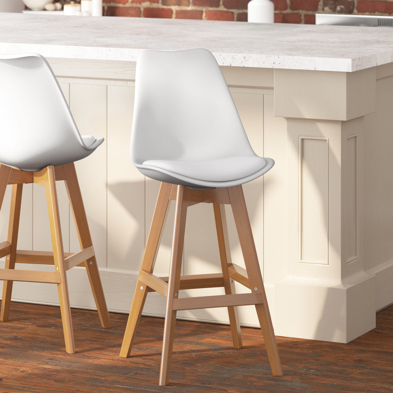 Thura Set of 2 Modern Plastic Scoop Style Counter Stools with Padded Seat Cushion and Wooden Frame