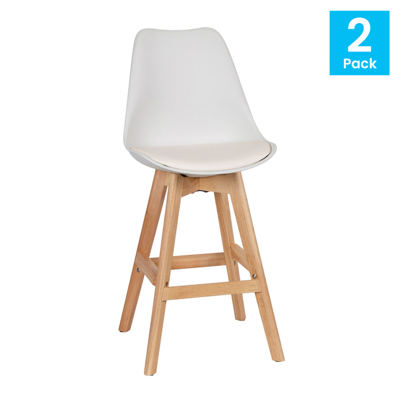 Thura Set of 2 Modern Plastic Scoop Style Counter Stools with Padded Seat Cushion and Wooden Frame