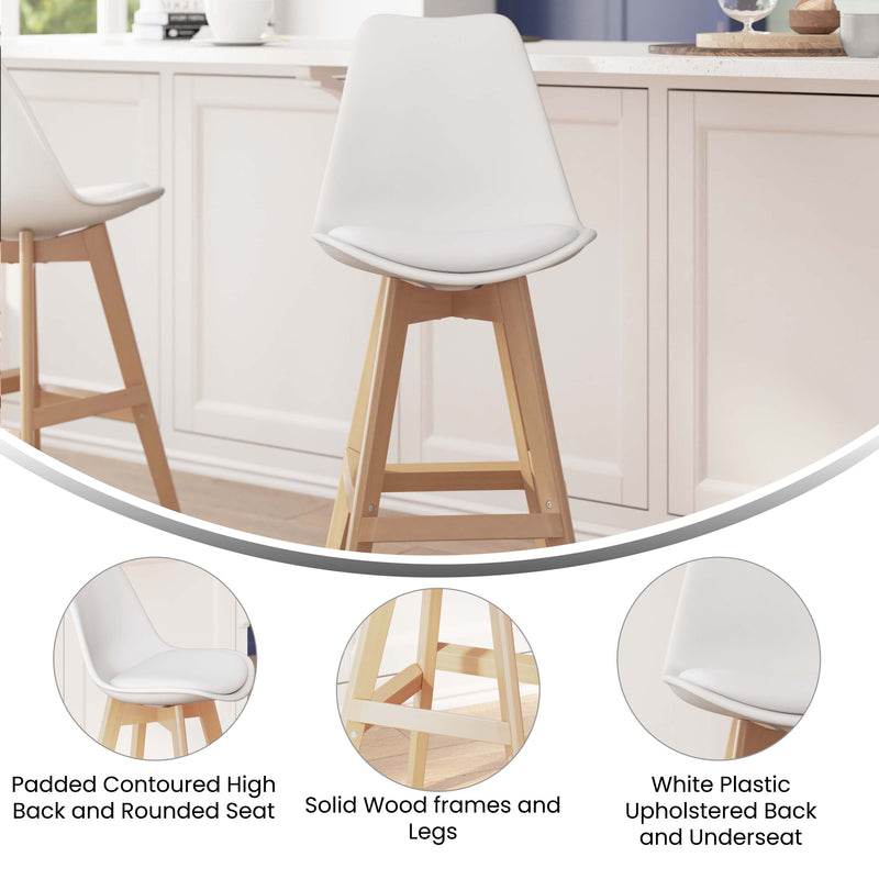 Thura Set of 2 Modern Plastic Scoop Style Counter Stools with Padded Seat Cushion and Wooden Frame