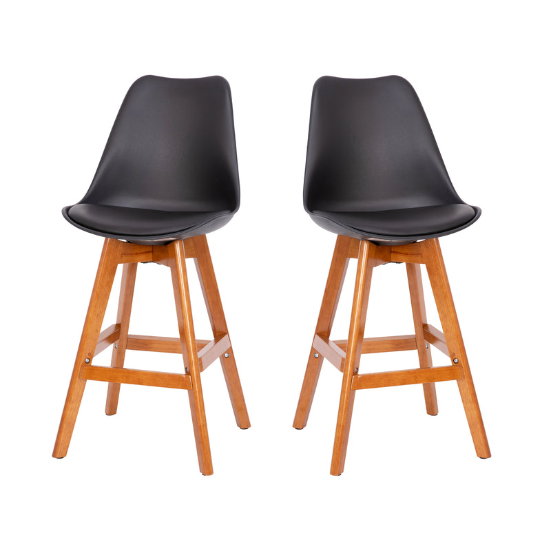 Thura Set of 2 Modern Plastic Scoop Style Counter Stools with Padded Seat Cushion and Wooden Frame