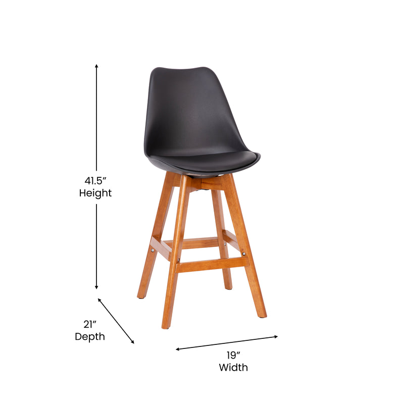 Thura Set of 2 Modern Plastic Scoop Style Counter Stools with Padded Seat Cushion and Wooden Frame