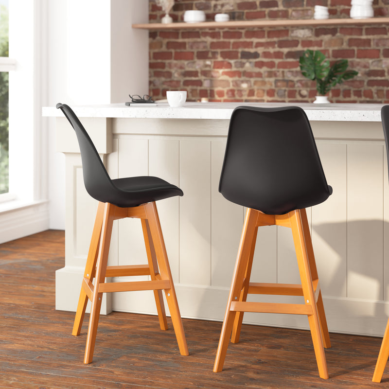 Thura Set of 2 Modern Plastic Scoop Style Counter Stools with Padded Seat Cushion and Wooden Frame