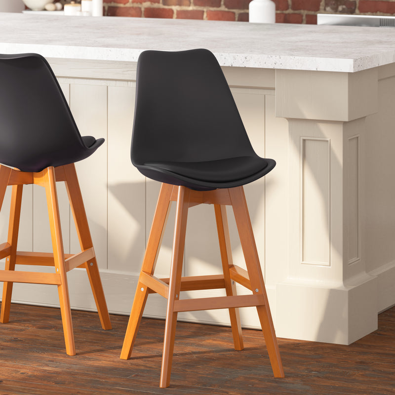 Thura Set of 2 Modern Plastic Scoop Style Counter Stools with Padded Seat Cushion and Wooden Frame