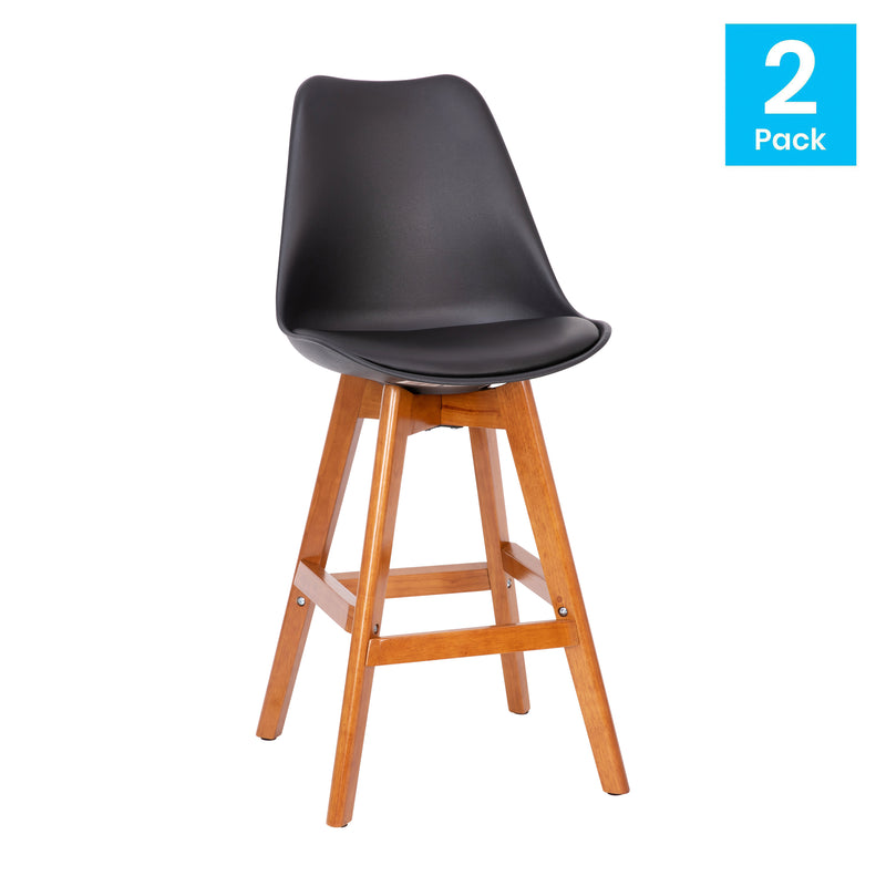 Thura Set of 2 Modern Plastic Scoop Style Counter Stools with Padded Seat Cushion and Wooden Frame