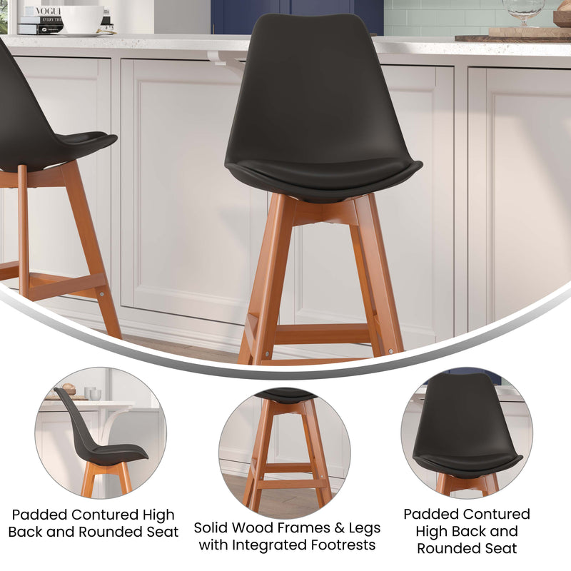 Thura Set of 2 Modern Plastic Scoop Style Counter Stools with Padded Seat Cushion and Wooden Frame