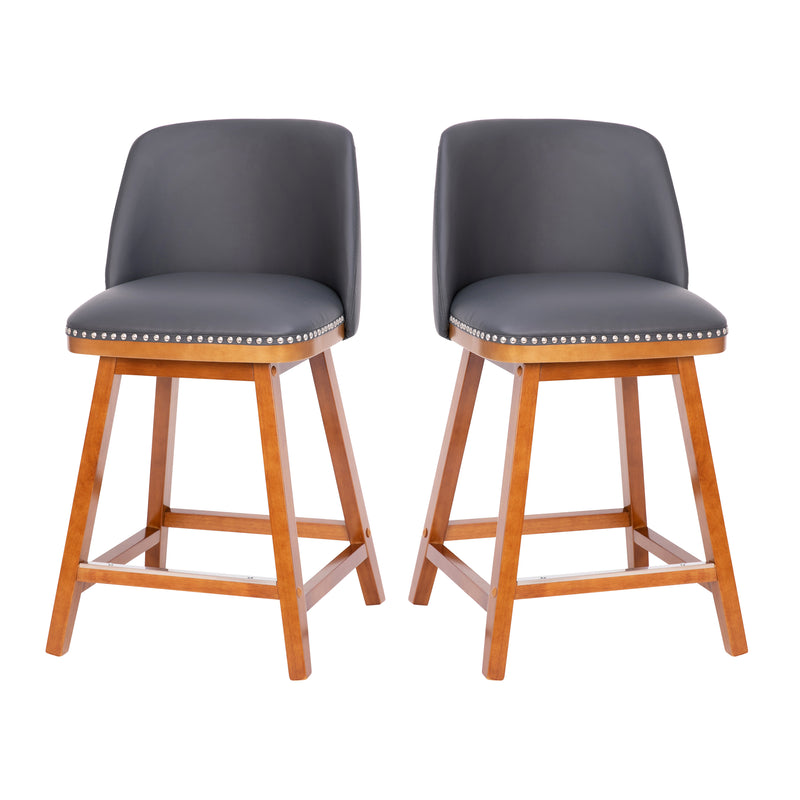 Nina Transitional Gray Faux Leather Counter Stools with Silver Nailhead Trim and Walnut Finish, Set of 2