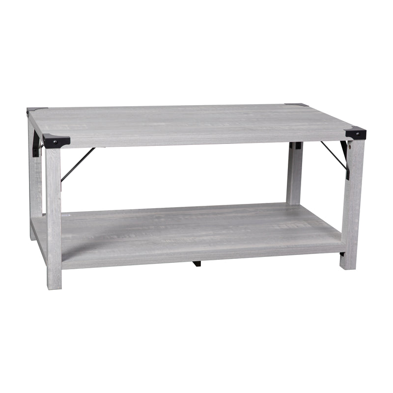 Willard Two Tier Modern Farmhouse Coffee Table with Black Metal Corner Accents and Cross Bracing