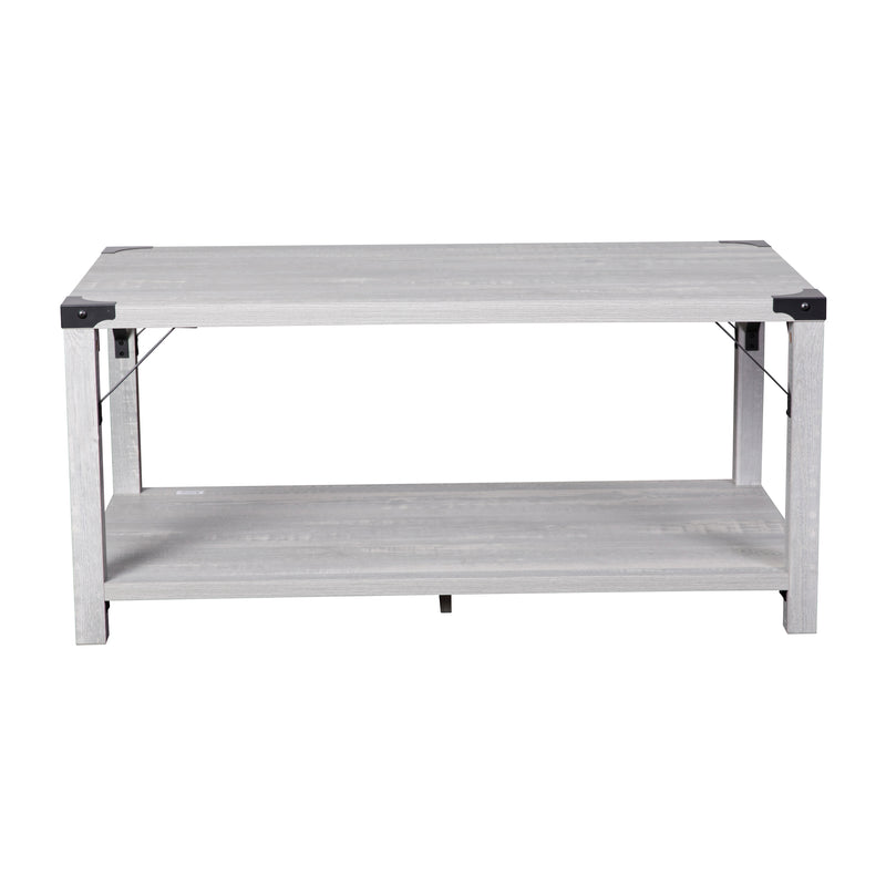 Willard Two Tier Modern Farmhouse Coffee Table with Black Metal Corner Accents and Cross Bracing