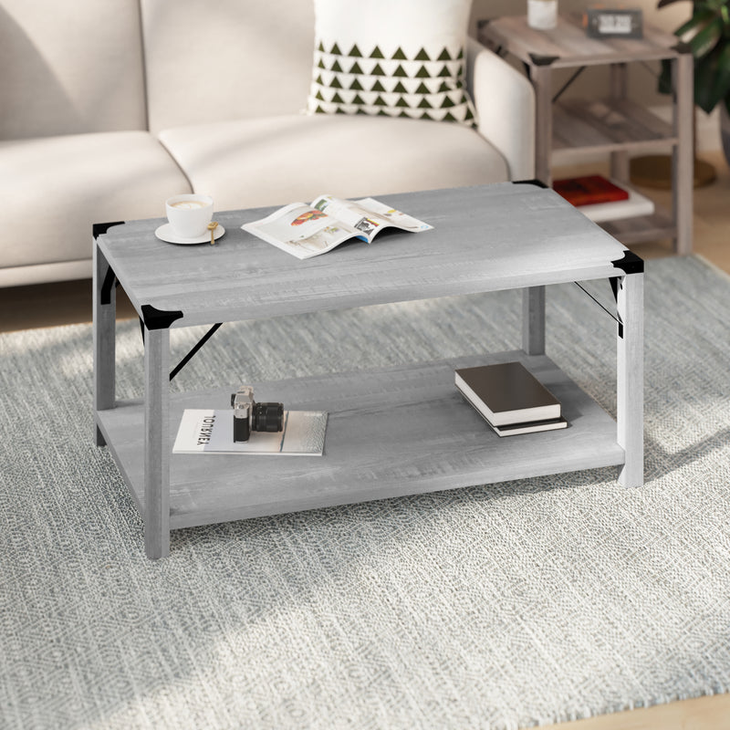 Willard Two Tier Modern Farmhouse Coffee Table with Black Metal Corner Accents and Cross Bracing