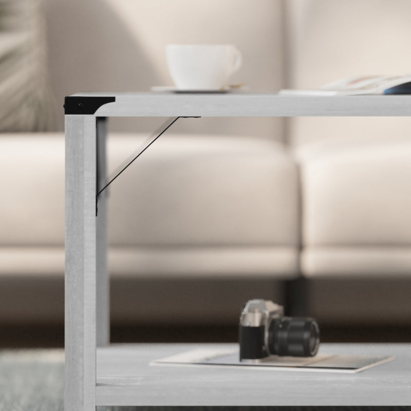 Willard Two Tier Modern Farmhouse Coffee Table with Black Metal Corner Accents and Cross Bracing