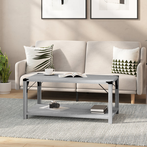 Willard Two Tier Modern Farmhouse Coffee Table with Black Metal Corner Accents and Cross Bracing