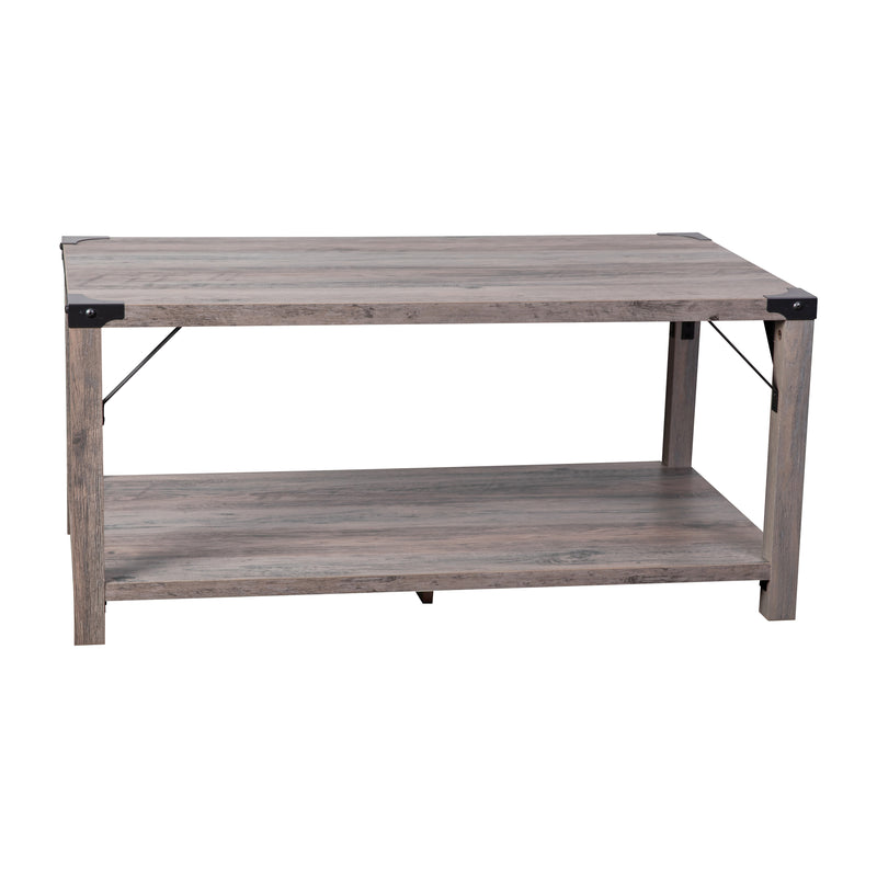 Willard Two Tier Modern Farmhouse Coffee Table with Black Metal Corner Accents and Cross Bracing