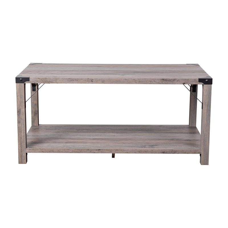 Willard Two Tier Modern Farmhouse Coffee Table with Black Metal Corner Accents and Cross Bracing