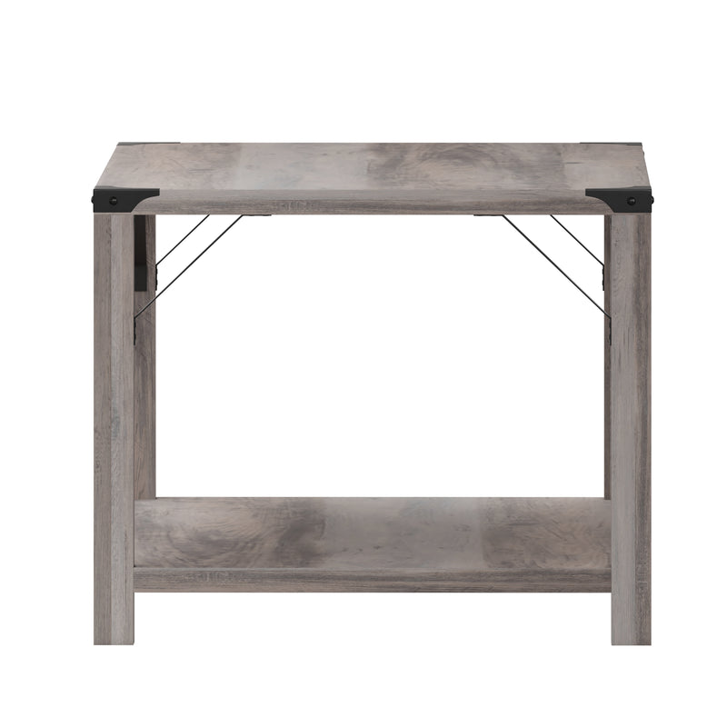 Willard Two Tier Modern Farmhouse Coffee Table with Black Metal Corner Accents and Cross Bracing