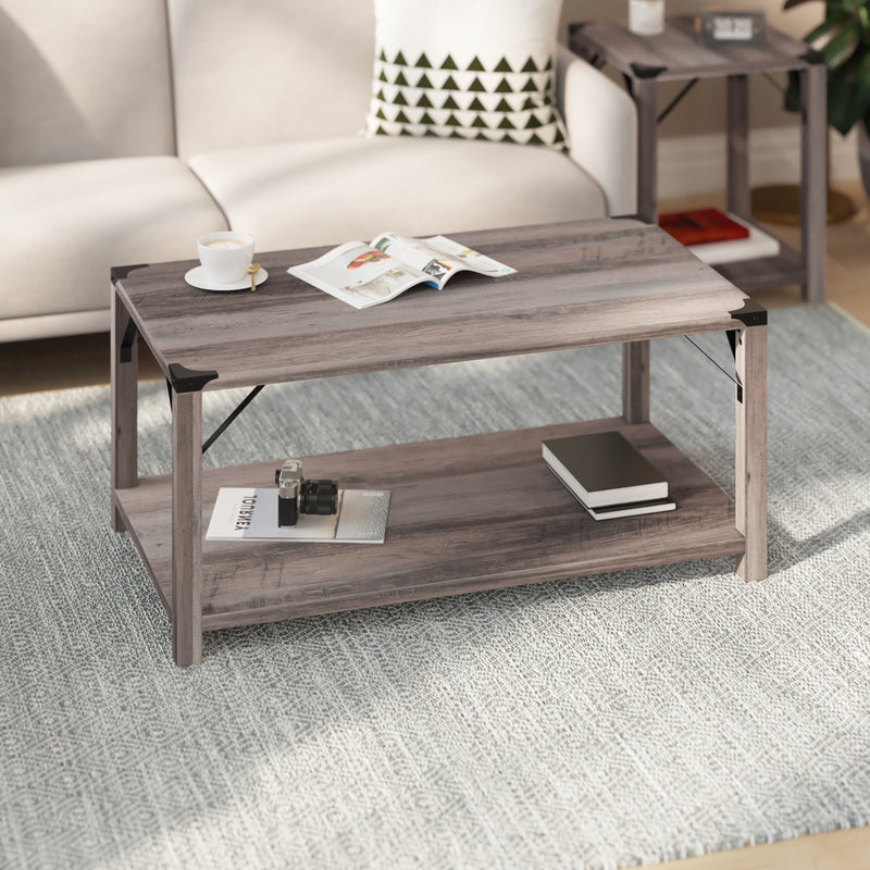 Willard Two Tier Modern Farmhouse Coffee Table with Black Metal Corner Accents and Cross Bracing