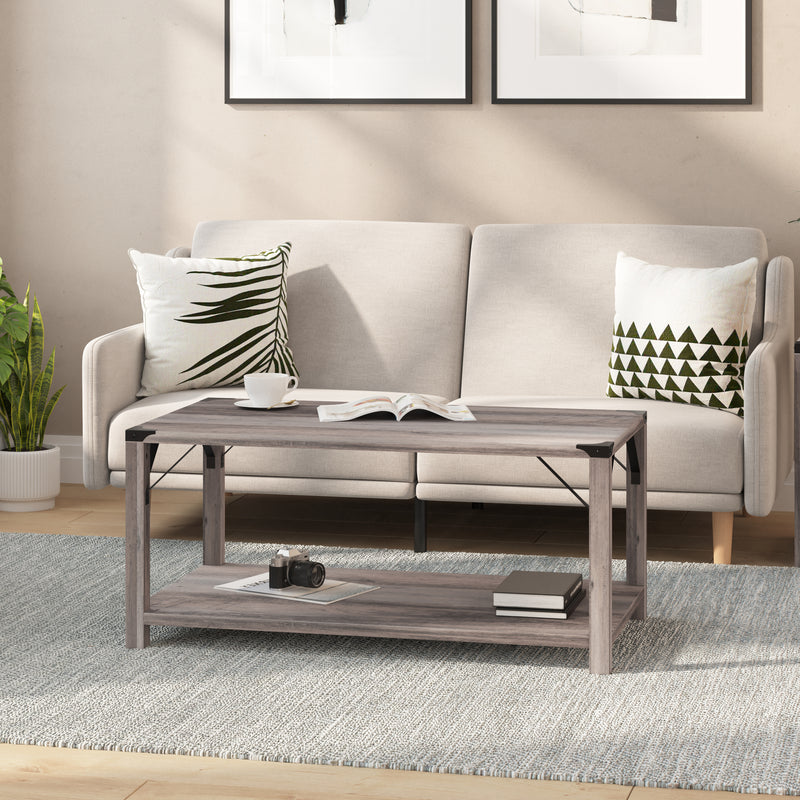 Willard Two Tier Modern Farmhouse Coffee Table with Black Metal Corner Accents and Cross Bracing