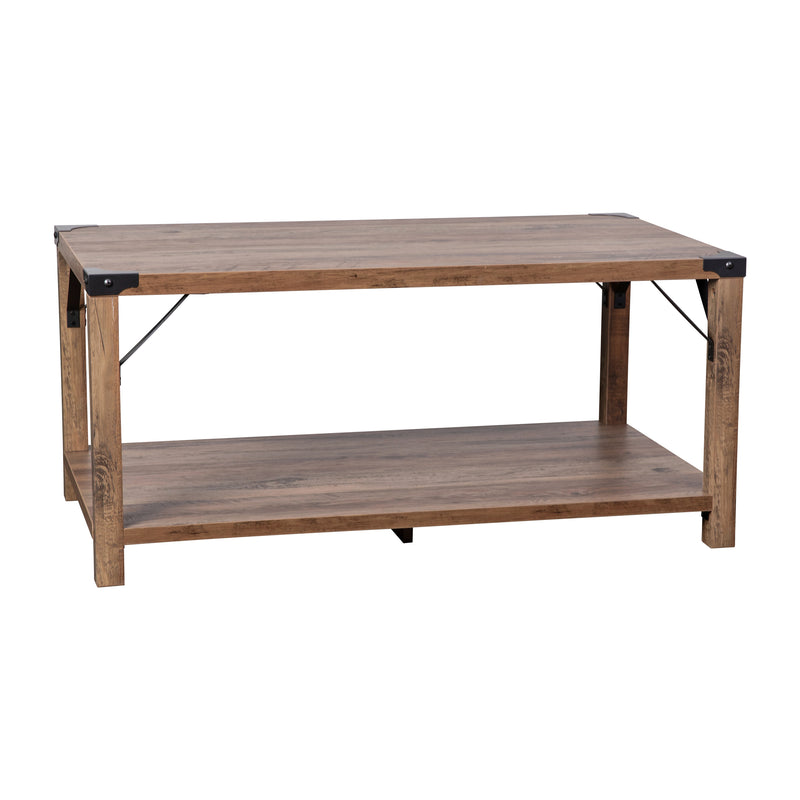 Willard Two Tier Modern Farmhouse Coffee Table with Black Metal Corner Accents and Cross Bracing