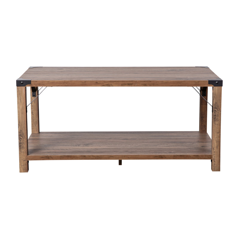 Willard Two Tier Modern Farmhouse Coffee Table with Black Metal Corner Accents and Cross Bracing