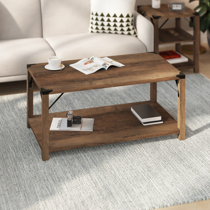 Willard Two Tier Modern Farmhouse Coffee Table with Black Metal Corner Accents and Cross Bracing