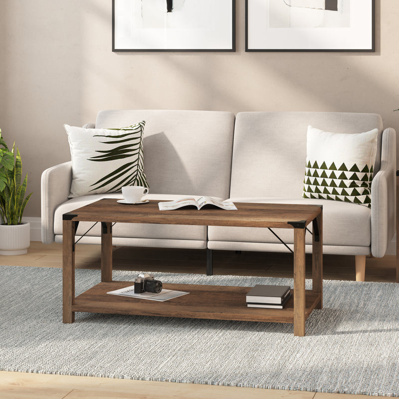 Willard Two Tier Modern Farmhouse Coffee Table with Black Metal Corner Accents and Cross Bracing