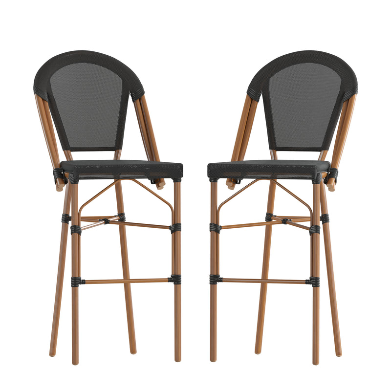 Noemi Indoor/Outdoor Stackable French Bistro Bar Stools with Bamboo Print Frame, Set of 2