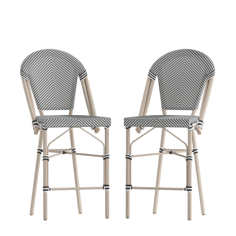 Noemi Indoor/Outdoor Stackable French Bistro Counter Stools with Bamboo Print Frame, Set of 2