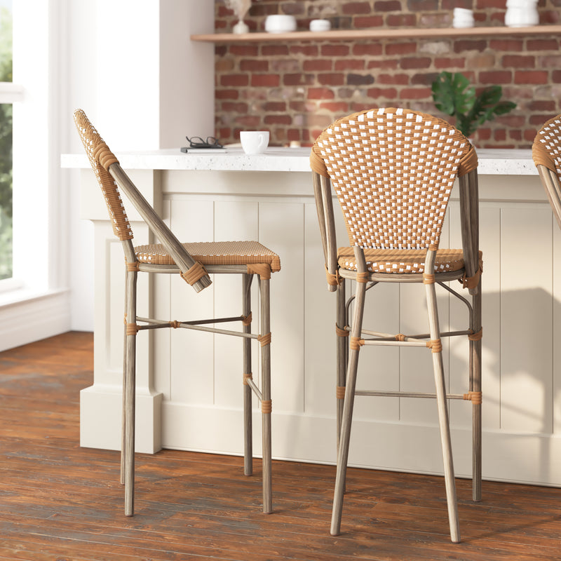 Neave Indoor/Outdoor Stackable French Bistro Bar Stools in PE Rattan Set of 2