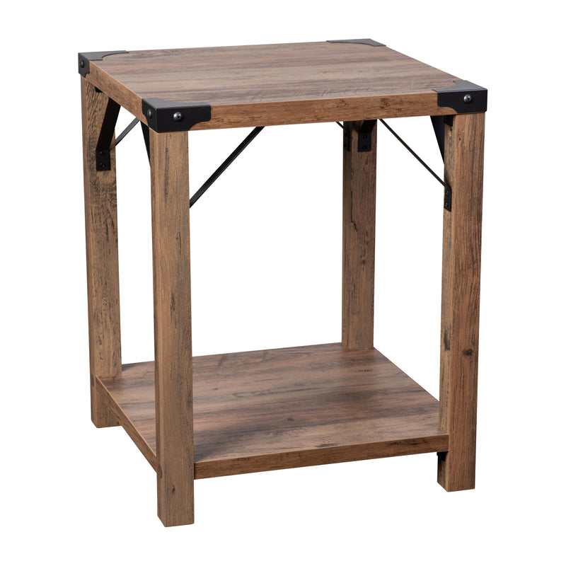 Willard Two Tier Modern Farmhouse End Table with Black Metal Corner Accents and Cross Bracing