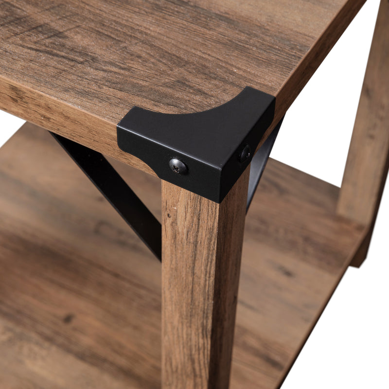 Willard Two Tier Modern Farmhouse End Table with Black Metal Corner Accents and Cross Bracing