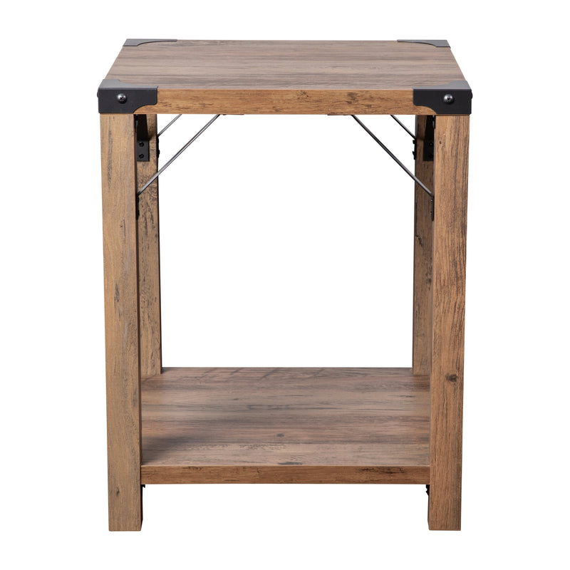 Willard Two Tier Modern Farmhouse End Table with Black Metal Corner Accents and Cross Bracing