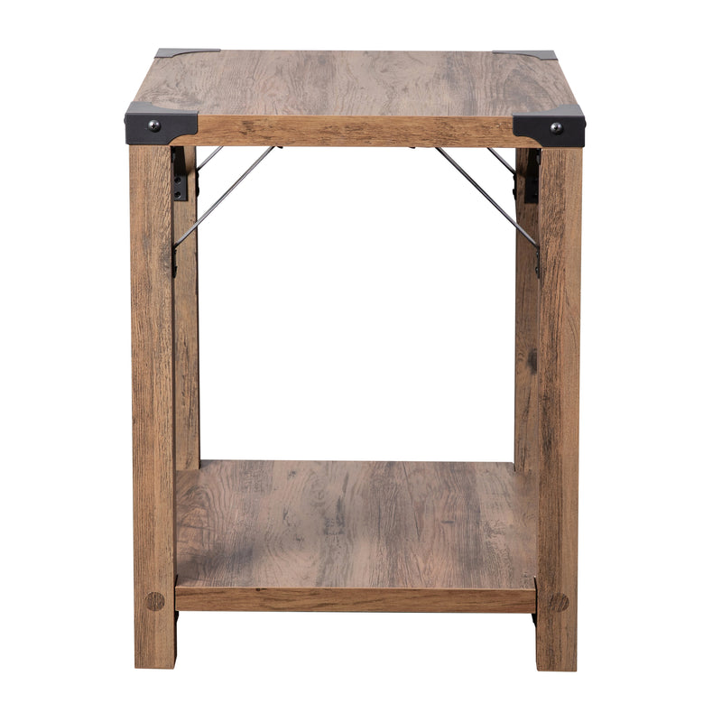 Willard Two Tier Modern Farmhouse End Table with Black Metal Corner Accents and Cross Bracing