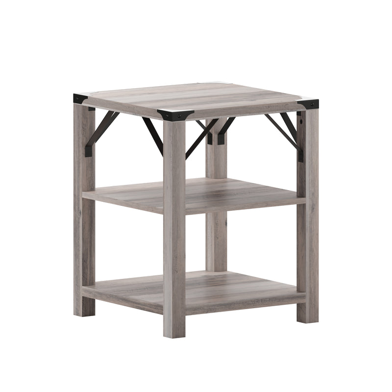 Willard Three Tier Modern Farmhouse End Table with Black Metal Corner Accents and Cross Bracing