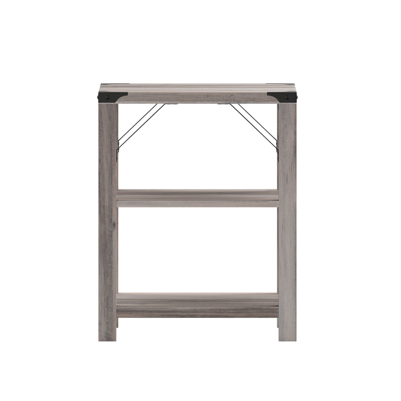 Willard Three Tier Modern Farmhouse End Table with Black Metal Corner Accents and Cross Bracing