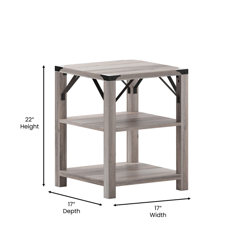 Willard Three Tier Modern Farmhouse End Table with Black Metal Corner Accents and Cross Bracing