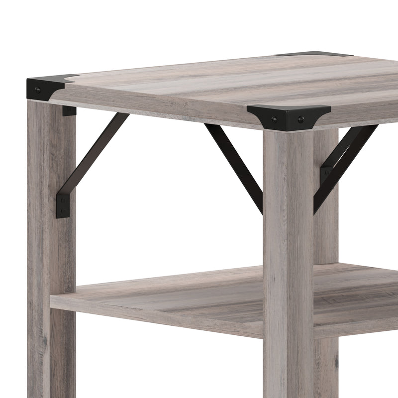 Willard Three Tier Modern Farmhouse End Table with Black Metal Corner Accents and Cross Bracing