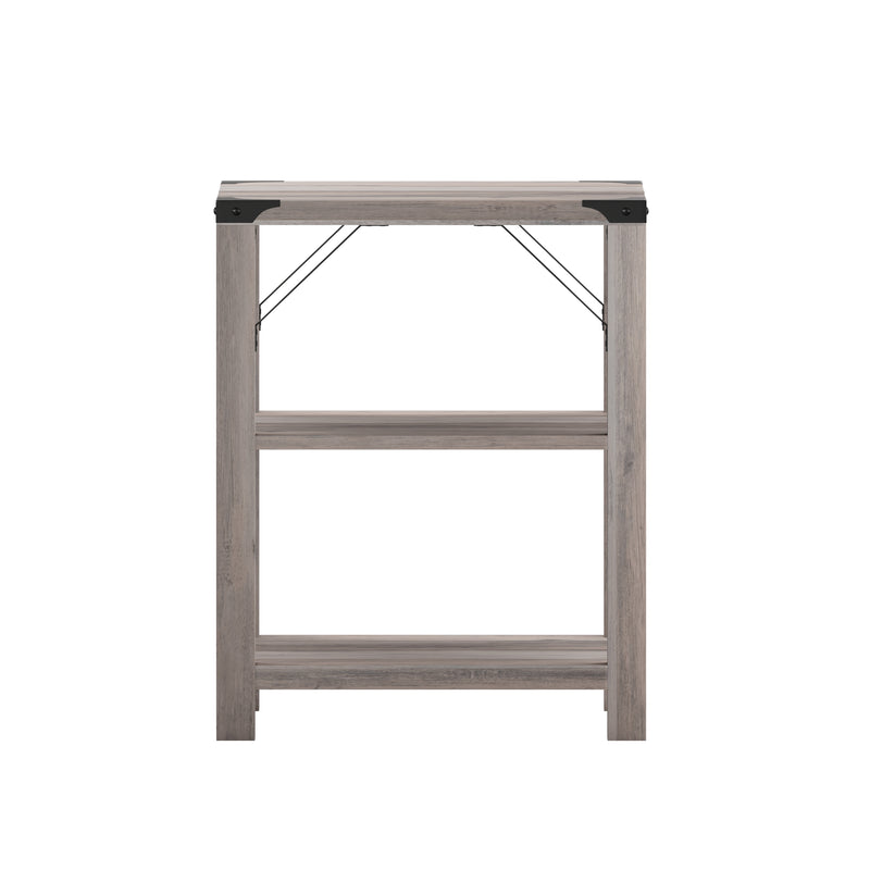 Willard Three Tier Modern Farmhouse End Table with Black Metal Corner Accents and Cross Bracing