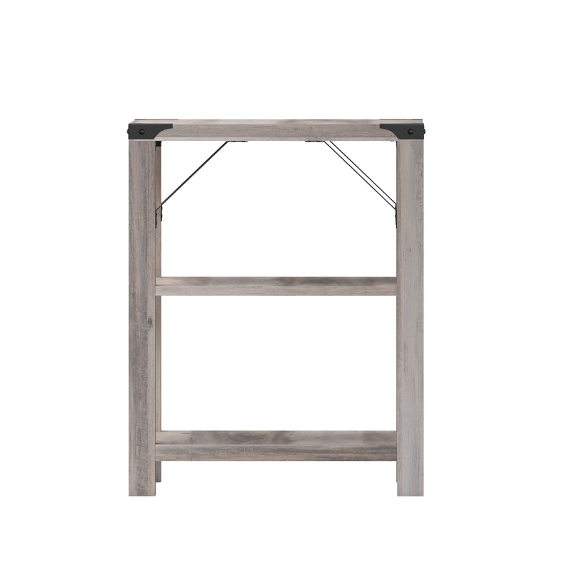 Willard Three Tier Modern Farmhouse End Table with Black Metal Corner Accents and Cross Bracing