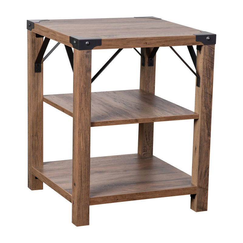 Willard Three Tier Modern Farmhouse End Table with Black Metal Corner Accents and Cross Bracing