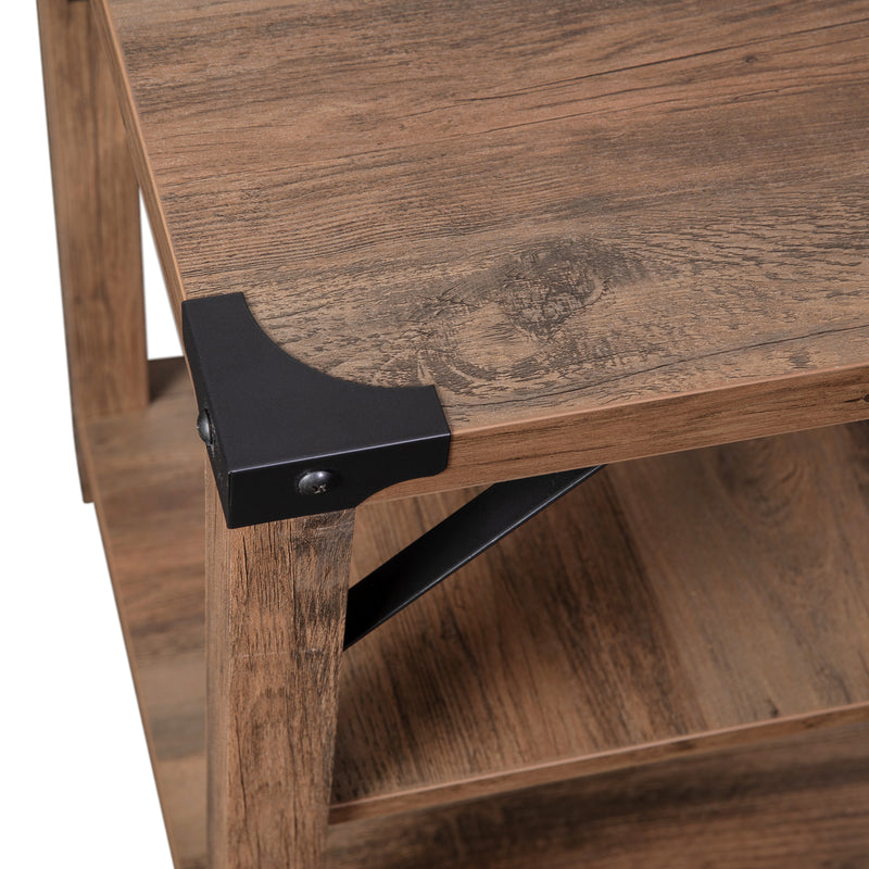 Willard Three Tier Modern Farmhouse End Table with Black Metal Corner Accents and Cross Bracing