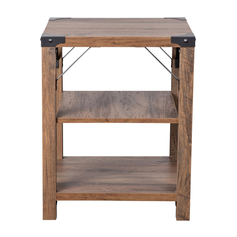 Willard Three Tier Modern Farmhouse End Table with Black Metal Corner Accents and Cross Bracing