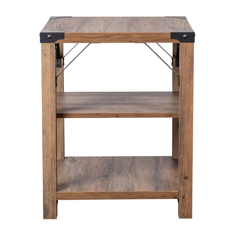 Willard Three Tier Modern Farmhouse End Table with Black Metal Corner Accents and Cross Bracing