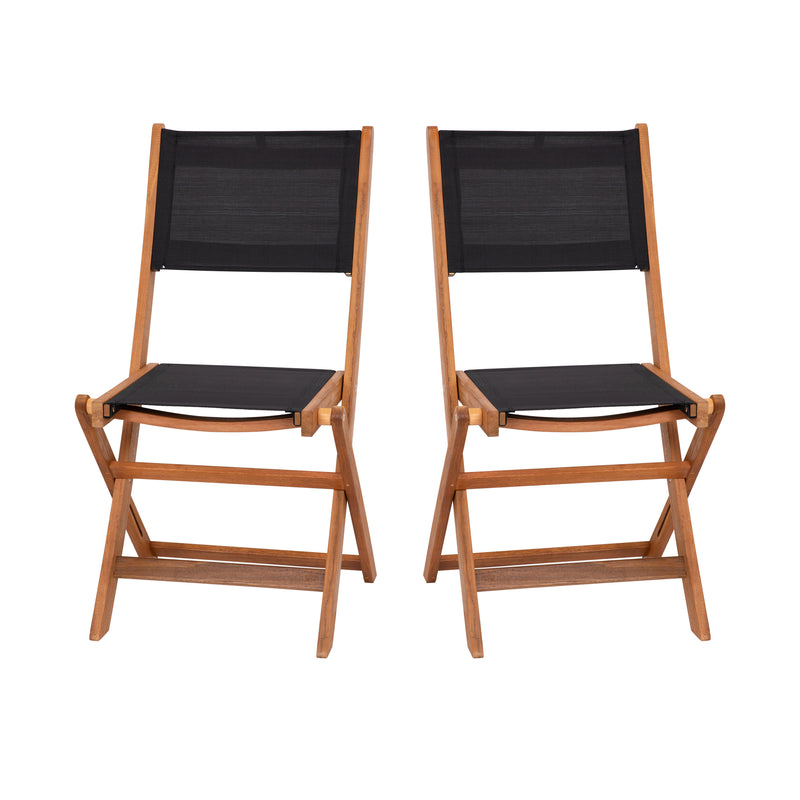 Zane Set of 2 Folding Patio Bistro Chairs with Acacia Wood X Base Frame and Textilene Back and Seat