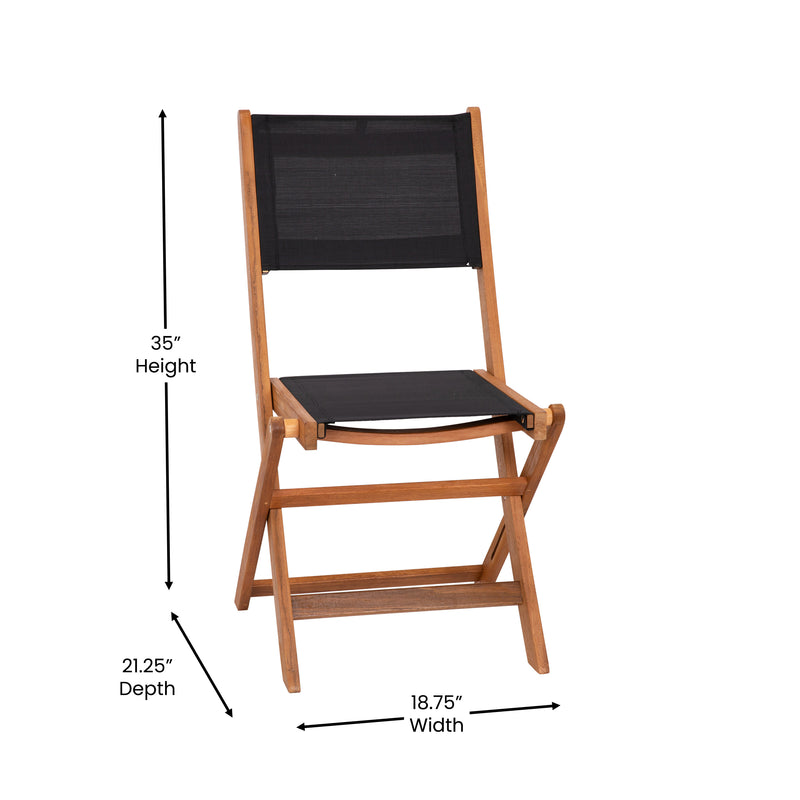 Zane Set of 2 Folding Patio Bistro Chairs with Acacia Wood X Base Frame and Textilene Back and Seat