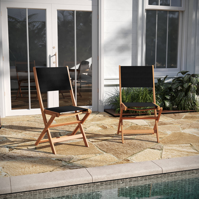 Zane Set of 2 Folding Patio Bistro Chairs with Acacia Wood X Base Frame and Textilene Back and Seat