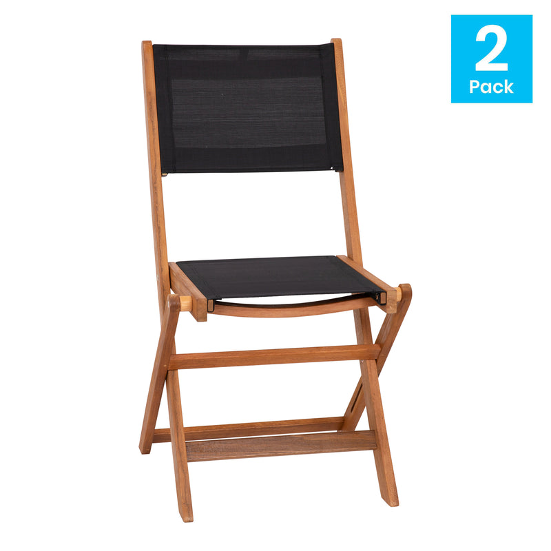 Zane Set of 2 Folding Patio Bistro Chairs with Acacia Wood X Base Frame and Textilene Back and Seat